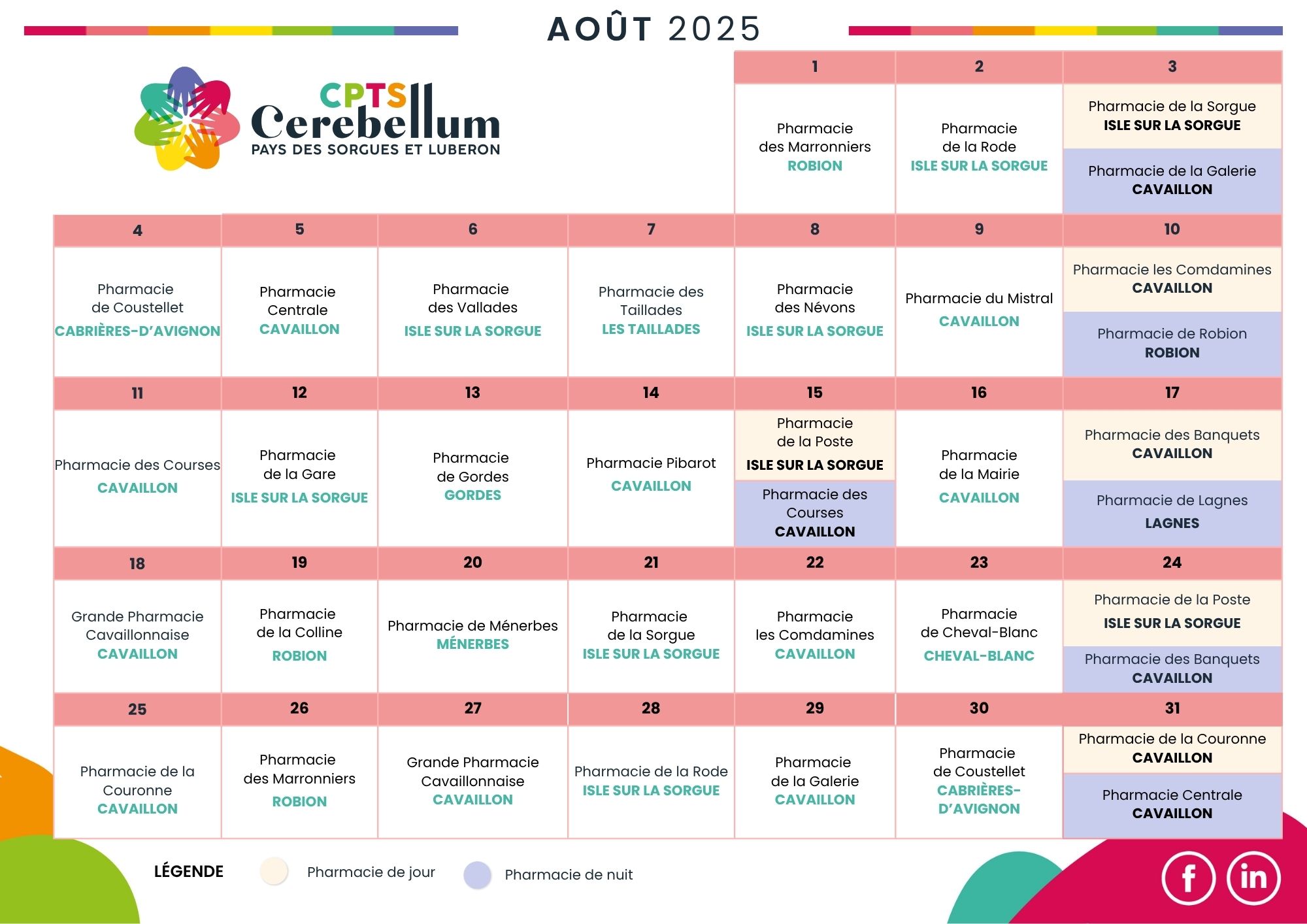 Calendrier pharmacie de garde août