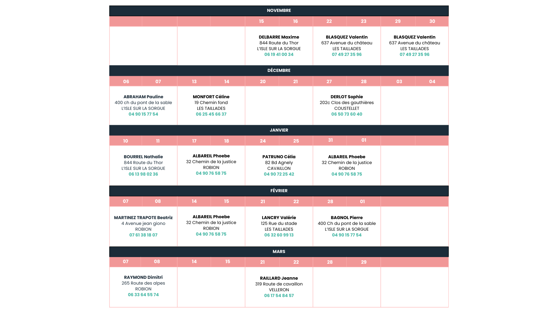 Planning kinésithérapeute