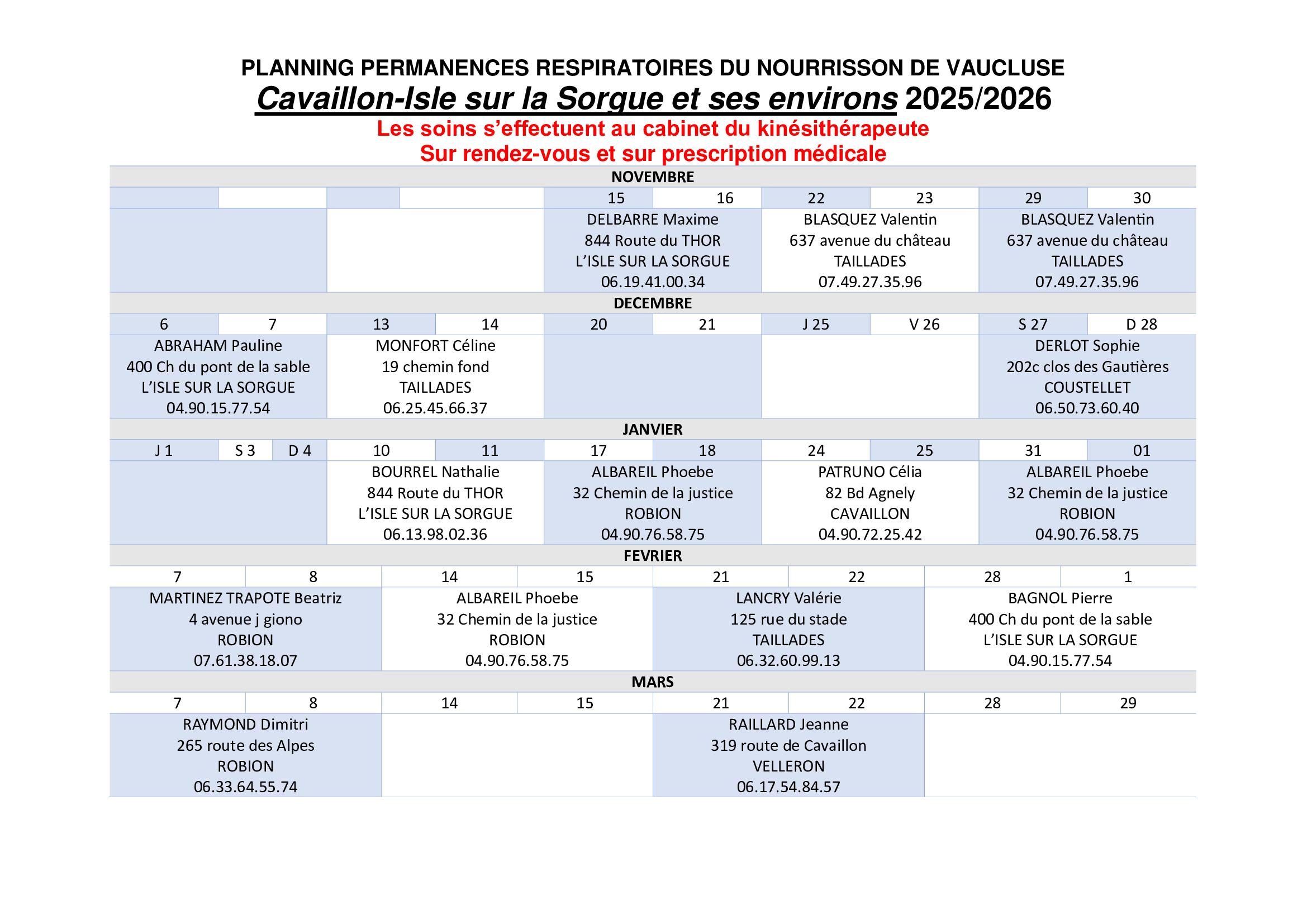 Planning kinésithérapeute